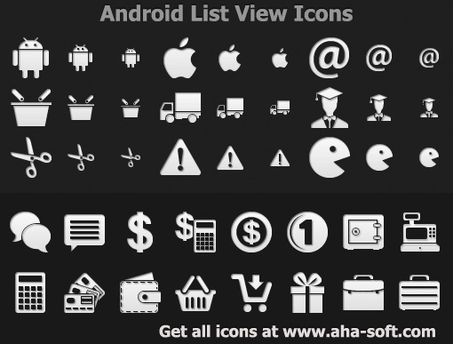 Picture-perfect ListView icons for Android apps in several resolutions.