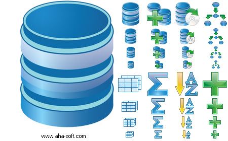 Database icons are delivered in sizes 16x16, 24x24, 32x32, 48x48,