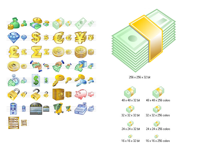 Lots of money related icons to enhance an interface of a business application